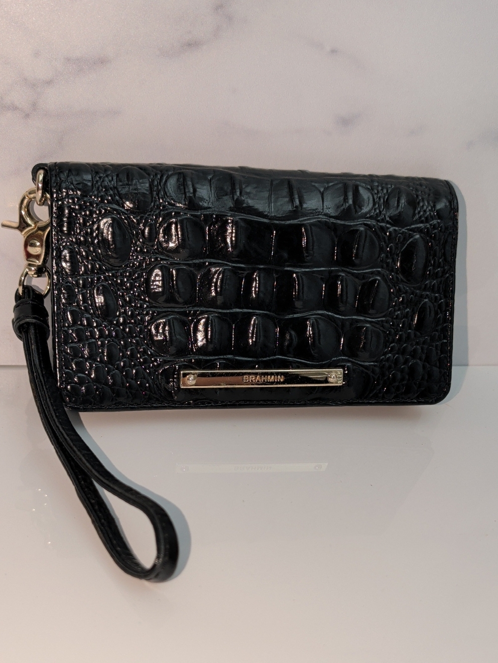 Brahmin Black Croc-Embossed Leather Wristlet with Gold Hardware